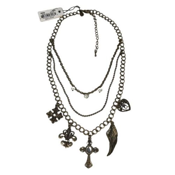 NWT Cookie Lee 3-Tiered Multi-Strand Charm Necklace w/Faux Pearls Crystals Glass - Picture 2 of 10